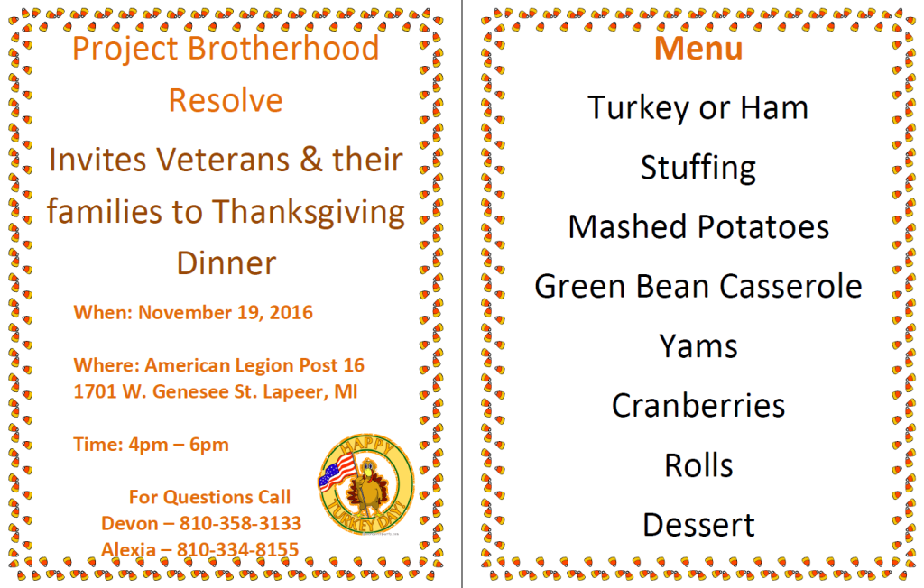 PBR Veterans Thanksgiving Dinner 2016 flyer - Lapeer, MI event details